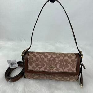 Coach Etta Small Flap Shoulder Bag Signature Chenille CCV65 Khaki/Vintage Brown